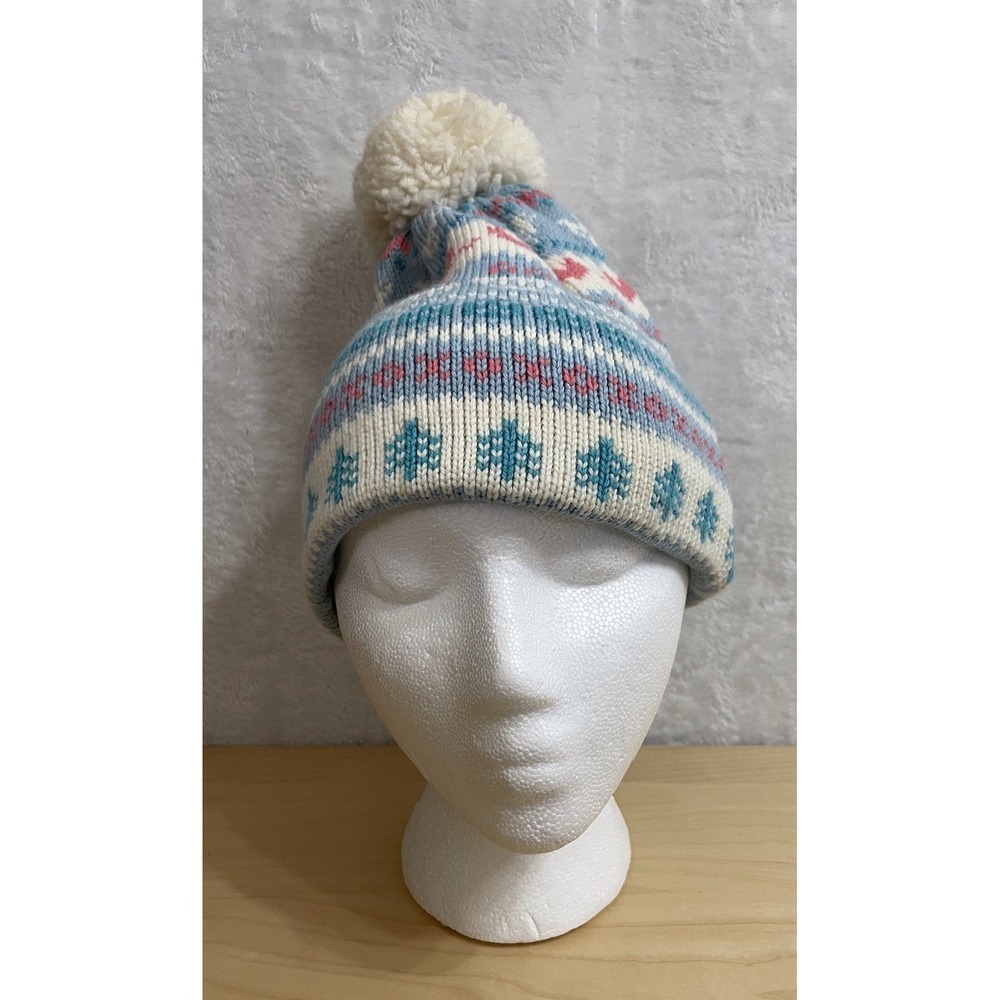 Vintage Eddie Bauer Wool‎ Knit Ski Hat Pom Pom Nordic Fair Isle No Itch